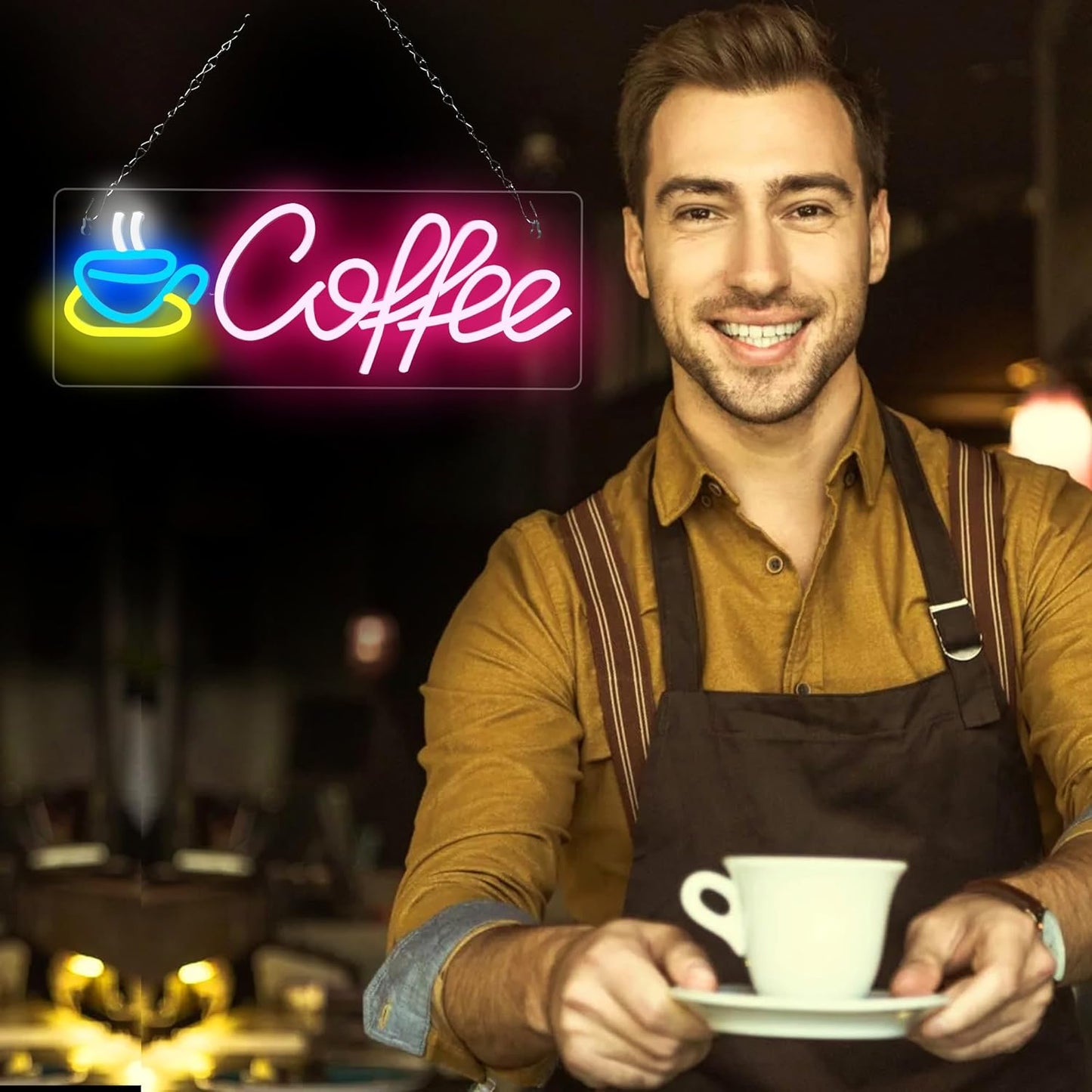 Coffee Neon Sign, Dimmable Coffee Bar Signs for Wall Decor, USB Powered Neon Light Sign with Metal Chain, Led Light Room Decor for Restaurants, Café Shop Window, Office Loung