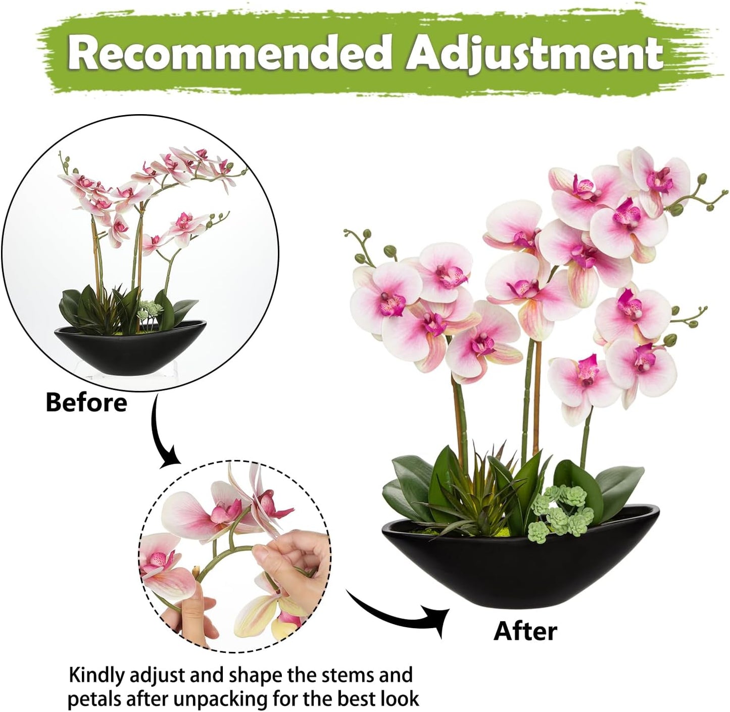 Briful Pink Orchid Fake Flowers 17in Artificial Orchid Silk Flowers in Black Pot Faux Orchid Arrangement for Home Office Bathroom Table Centerpiece Modern Decor