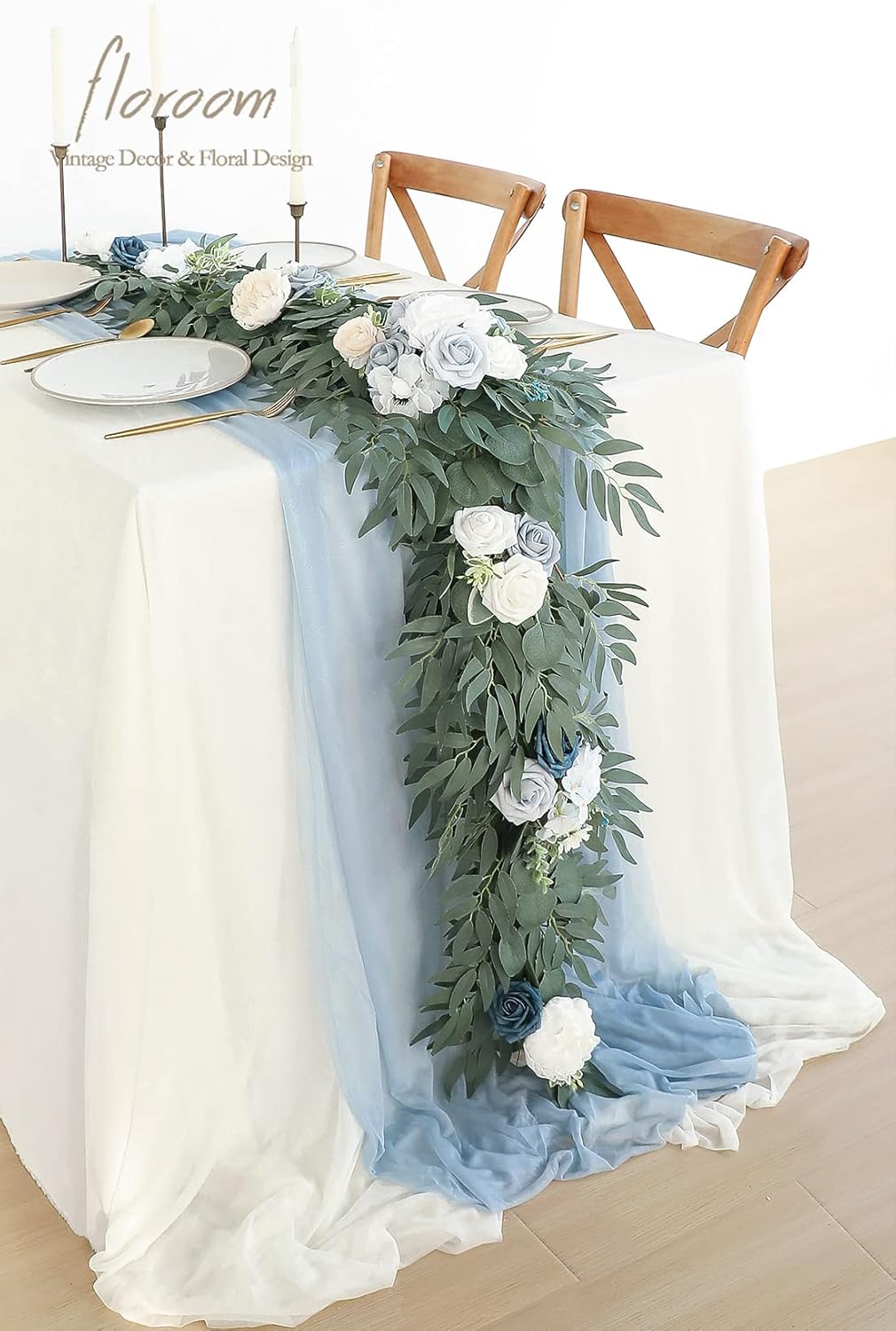 Floroom 6ft Artificial Eucalyptus Garland with Flowers Fake Greenery Faux Floral Vine Garland for Table Decor Wedding Centerpieces Bridal Shower Party Decorations, Dusty Blue