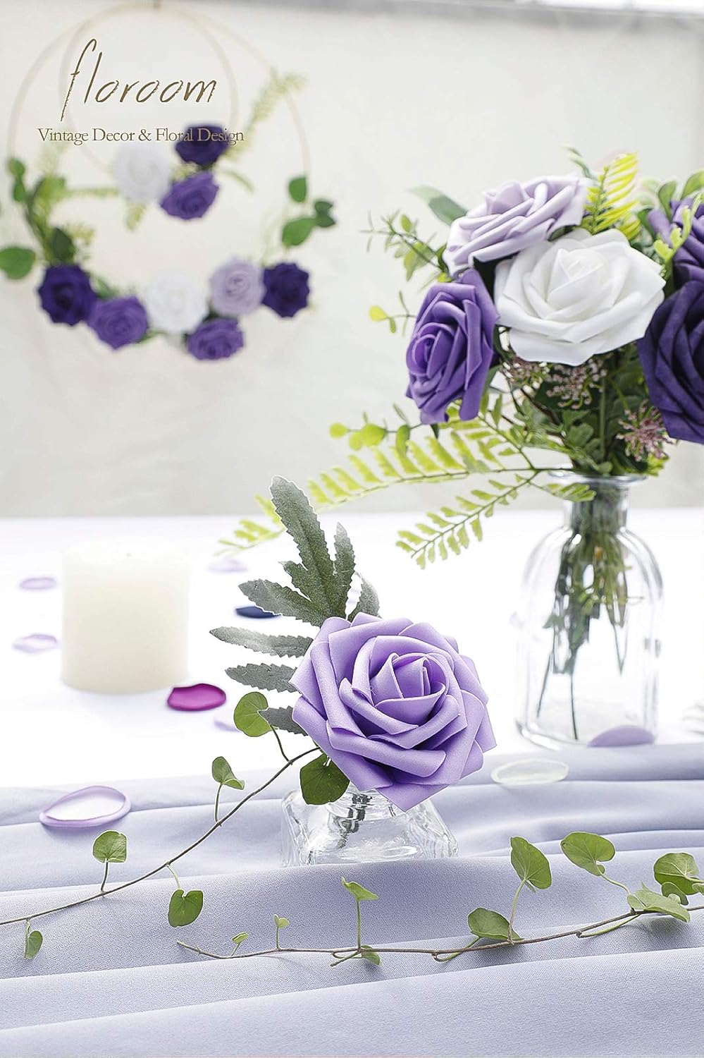 Floroom Artificial Flowers 25pcs Real Looking Violet Purple Ombre Colors Foam Fake Roses with Stems for DIY Wedding Bouquets Bridal Shower Centerpieces Party Tables Home Decorations