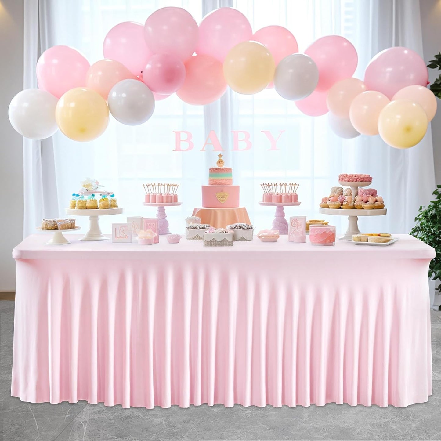 Wish Care 2 Pack Pink Spandex Table Clothes for 4 Foot Rectangle Tables, 4FT Wrinkle Free Fitted Tablecloths Ruffles Design Table Cover for Party, Banquet, Wedding and Events