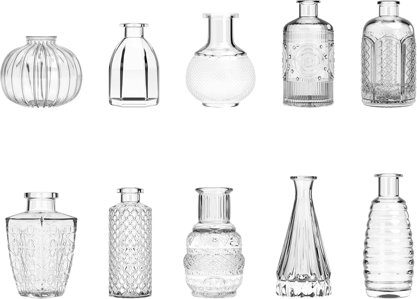 Gather & Bloom Creations Glass Bud Vases in Bulk – Set of 10 Mini Wedding Centerpiece Vases – Durable, Vintage-Inspired Clear Glass Vases for Flowers and Table Decor