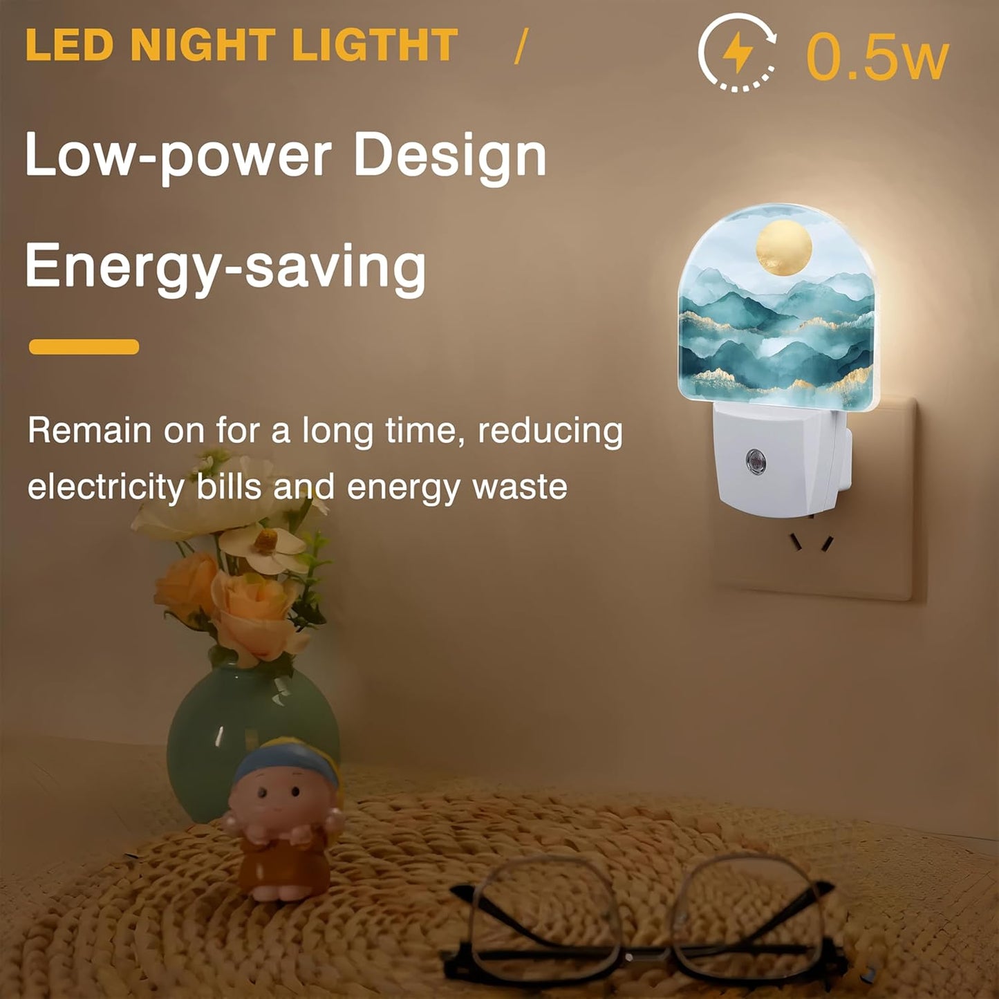 Night Lights Plug into Wall Abstract Mountains and Sun Night Light Dusk to Dawn Smart Sensor Decorative Round Led Lamp for Bedroom Kitchen Hallway Nightlight for Women Men