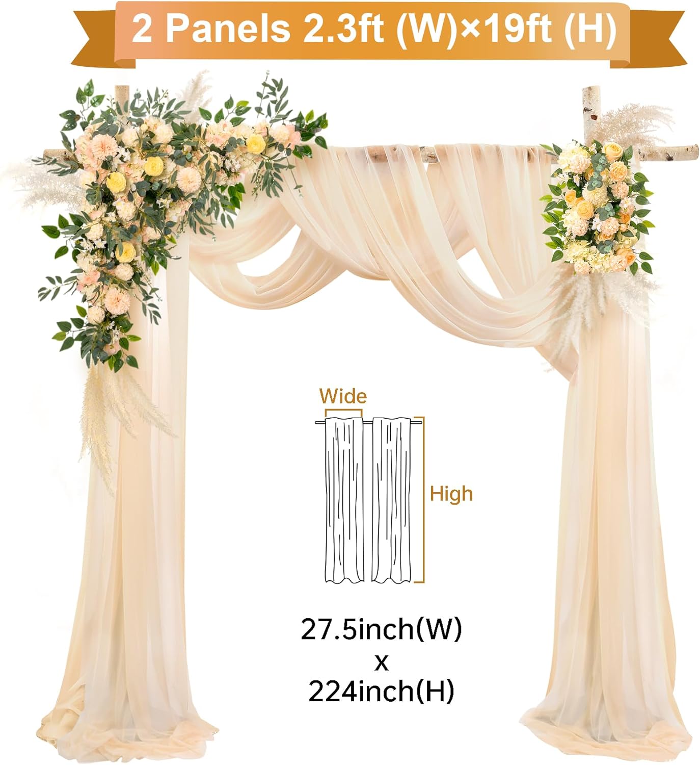 Champagne Arch Drapes for Wedding Arch Draping Fabric 2 Panel Sheer Backdrop Curtain for Ceremony Bridal Party Decor 6 Yards 19Ft Length x 28" Width