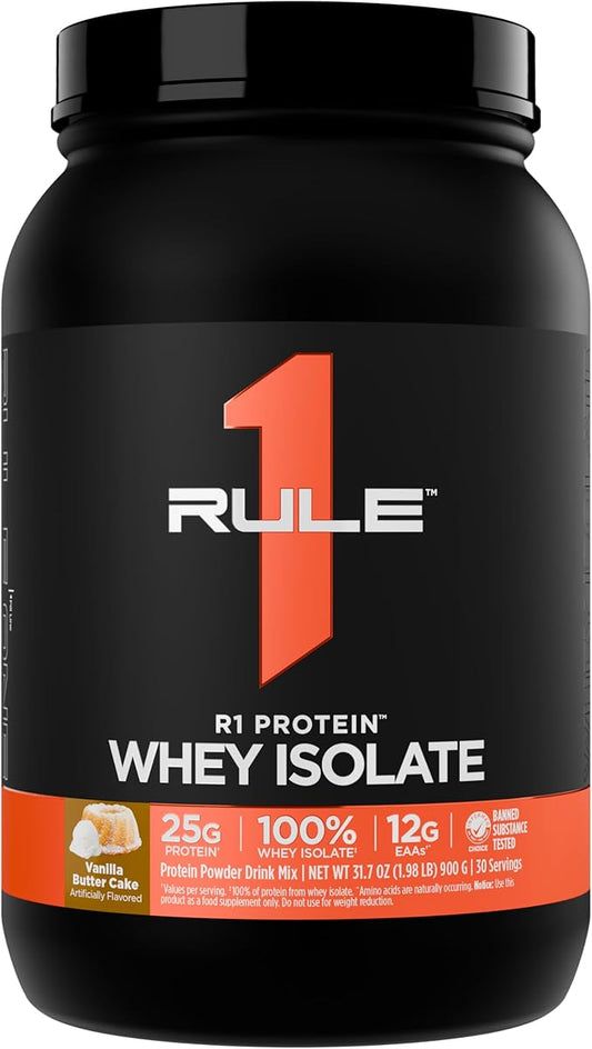 Rule 1 R1 Protein Whey Isolate - with 25g Protein & 6g BCAA Exclusively from Isolated & Hydrolyzed Sources for Workout Recovery (2 Pounds*, Vanilla Butter Cake)