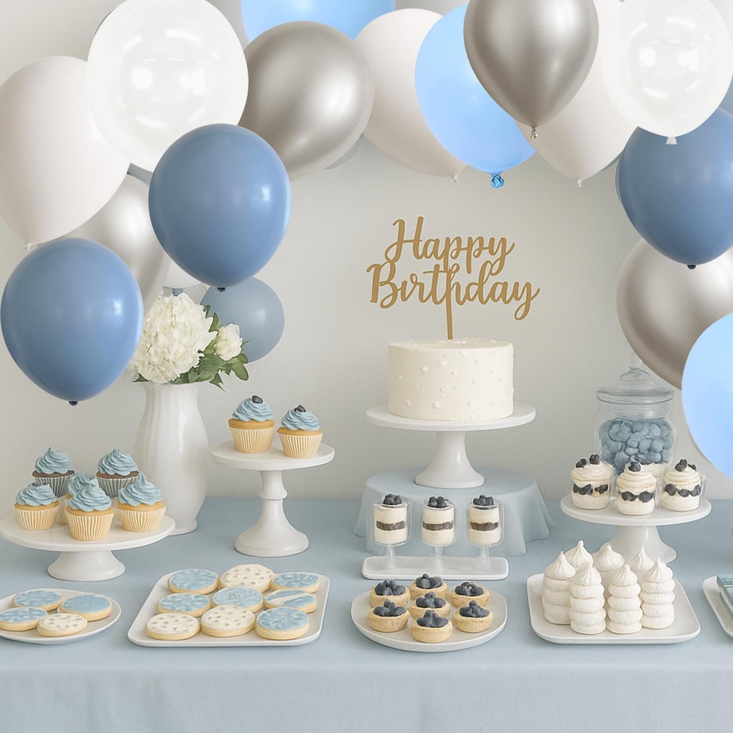 Dusty Blue and White Silver Balloons Bachelorette Party Decorations- 35Pcs 12in Baby Blue, White, Clear, Diamond Silver Latex Baloons for Bachelorette, Baby Shower Boy Party Décor