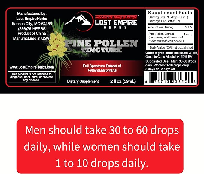 Pine Pollen Tincture Pine Pollen Liquid Extract for Testosterone - Alcohol Tincture is Superior for Better Absorption, 3rd Party Lab Tested (2 Ounce)