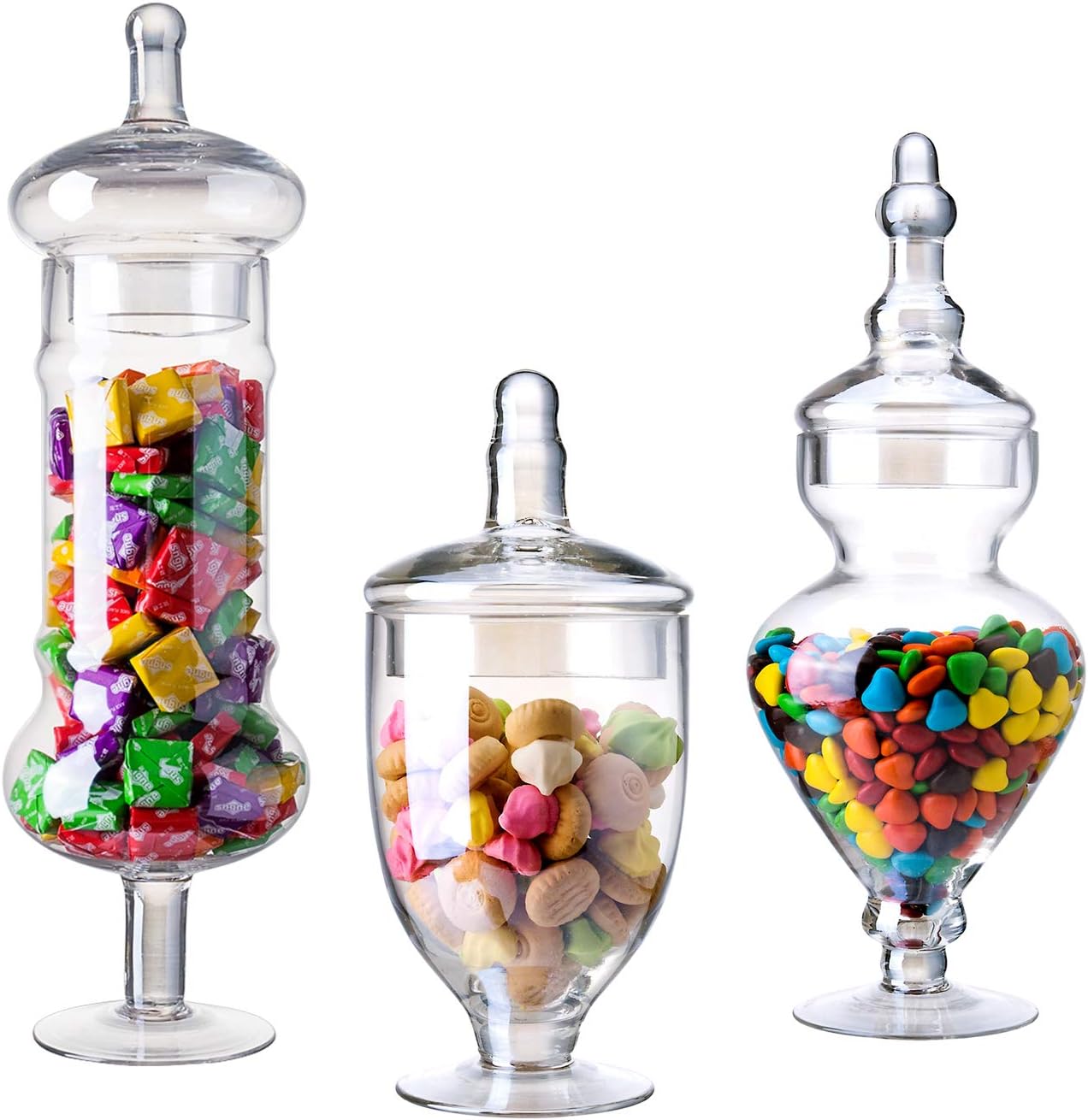Set of 3 Apothecary Jar with lids, Glass Candy Container Set, Decorative Jars for Weddings & Party, Elegant Storage Candy Canister, Iridescent (H: 9", 12.5", 14"; 20 FL.OZ, 23 FL.OZ and 28 FL.OZ)