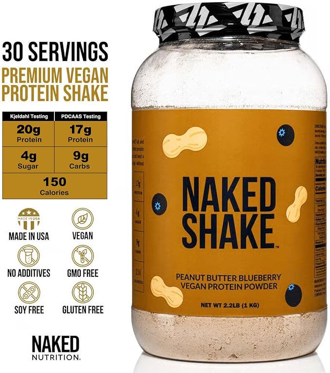 NAKED Shake - Peanut Butter Blueberry Protein Powder, Plant Based Protein with Mct Oil, Gluten-Free, Soy-Free, No Gmos Or Artificial Sweeteners - 30 Servings