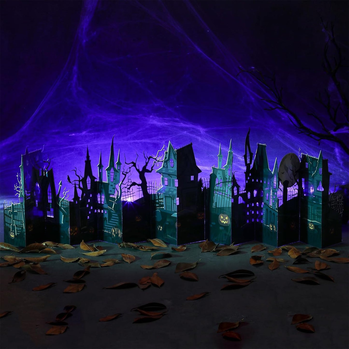 Geyoga Halloween Pop-up Card with 2 LED Lights 40" Halloween 3D Greeting Card Long Enchanted Eerie Village for Table Centerpiece Party Decoration