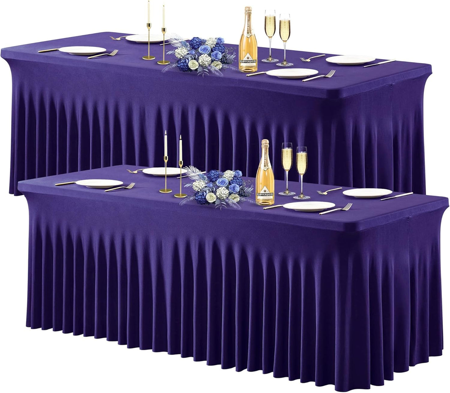 Wish Care 2 Pack Dark Purple Spandex Table Clothes for 6 Foot Rectangle Tables, 6FT Wrinkle Free Fitted Tablecloths Ruffles Design Table Cover for Party, Banquet, Wedding and Events