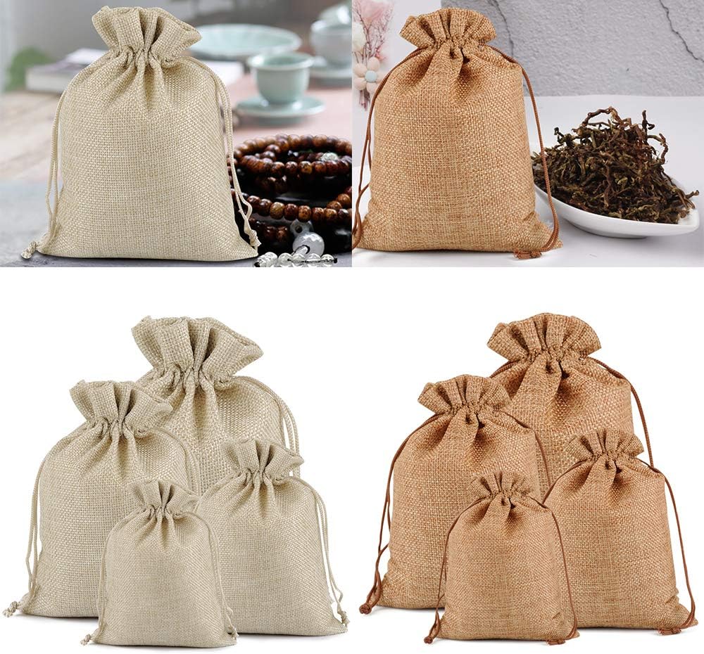 Lucky Monet 25/50/100PCS Burlap Gift Bags Wedding Hessian Jute Bags Linen Jewelry Pouches with Drawstring for Birthday, Party, Wedding Favors, Present, Art and DIY Craft (100Pcs, Coffee, 7” x 9”)