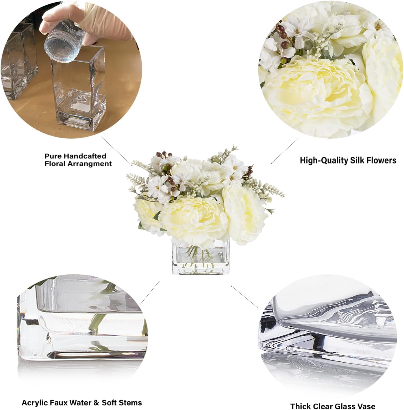 ENOVA FLORAL Artificial Flower Arrangement with Vase,Mixed Artificial Silk Peony Flower in Vase for Decoration Home Office, Wedding Centerpiece (Cream)