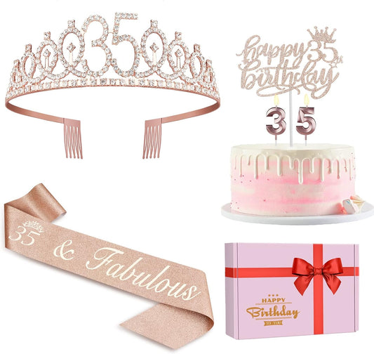 35th Birthday Decorations for Women Including Sash, Tiara/Crown, Numeral Candles and Cake Topper, Rose Gold 35th Birthday Gifts for Women, Rose Gold Party Decor Supplies