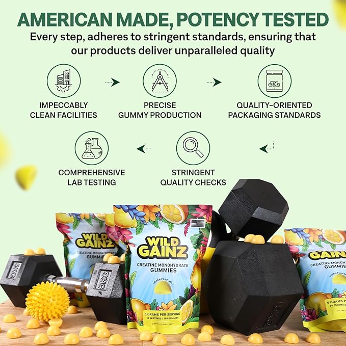 Creatine Monohydrate Gummies for Men & Women 5000mg - Made in USA, Potency Tested, Vegan, Supports Muscle Growth, Strength & Cognitive Function, Non-GMO Gluten-Free Lemon Flavored Creatine 150 Chews