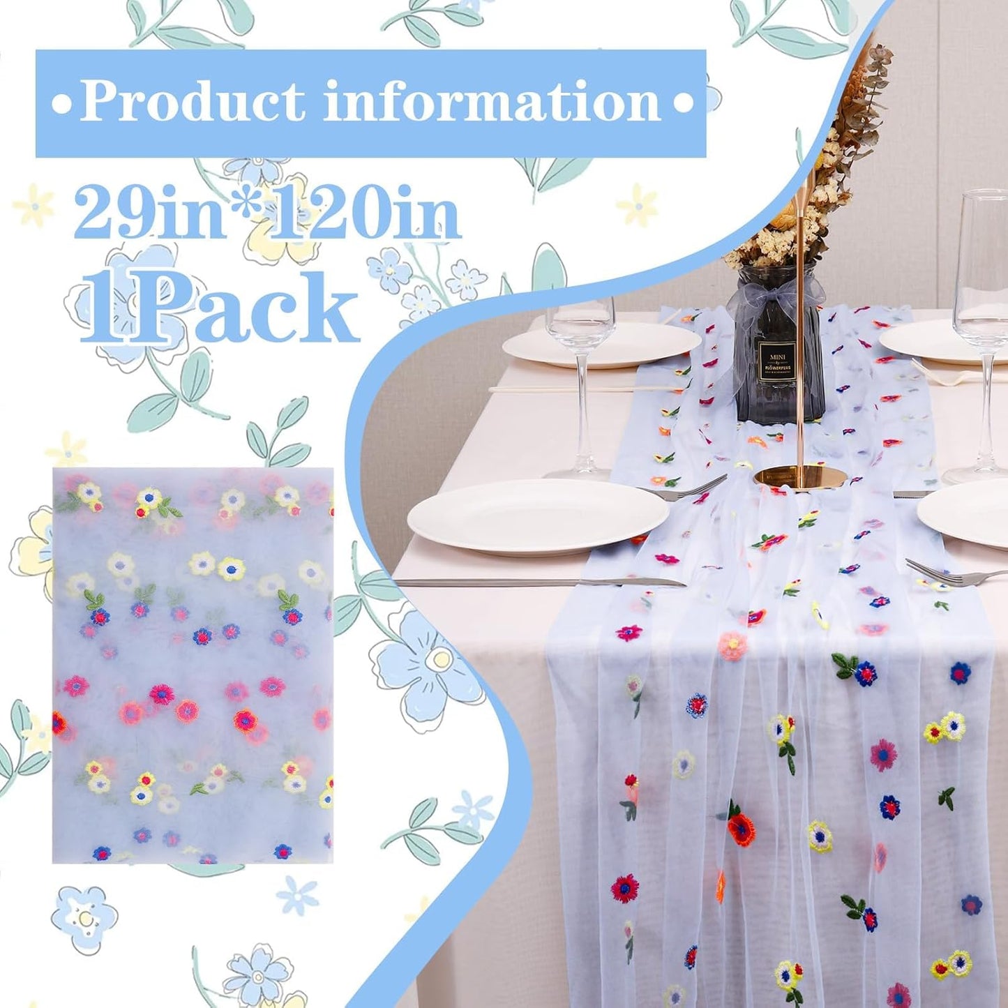 Blue Floral Table Runner 10 FT, Embroidery Daisy Table Runners Seasonal Sheer Tulle Table Runner for Thanksgiving Wedding Birthday Baby Shower Party ﻿