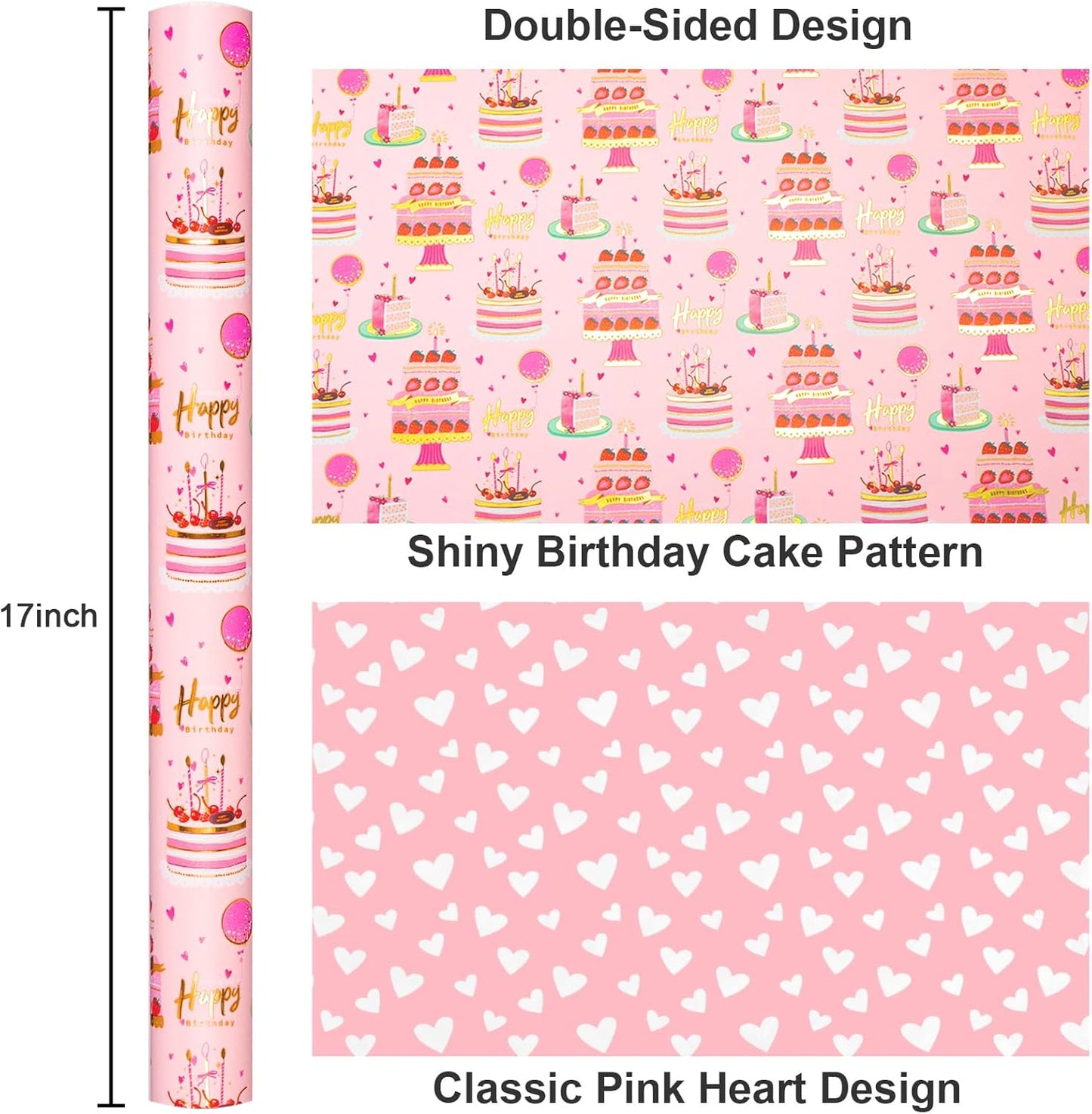 Yarcony Girls Birthday Wrapping Paper Roll, Pink Gift Wrapping Paper,Metallic Foil Pink Cartoon-Style Birthday Cakes Gift Wrap for Kid Party,Baby Shower,Wedding, Holiday,Christmas(17 Inch X 33 Feet)