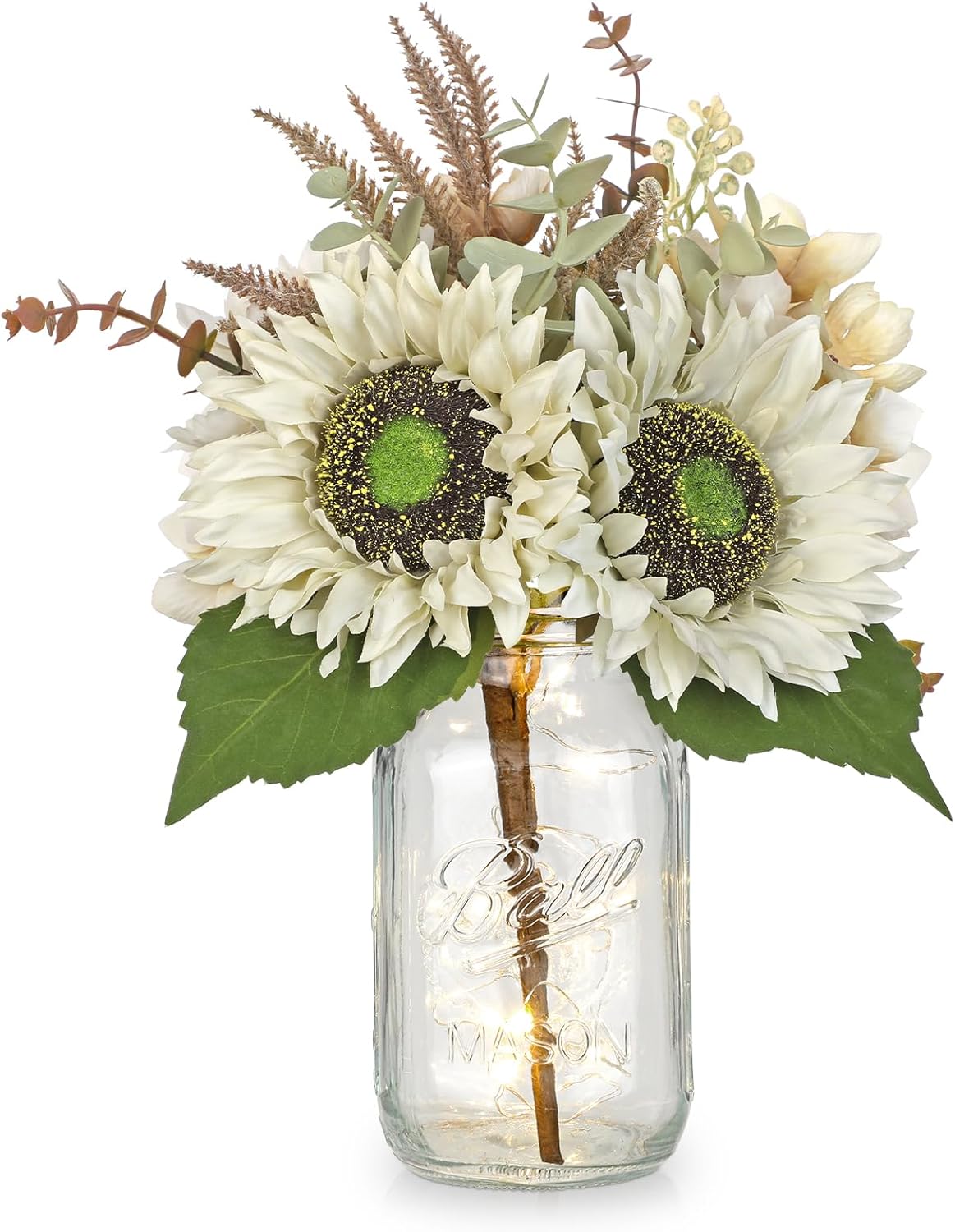 Silk Sunflowers Artificial Flowers with Mason Jar Centerpiece for Table White Fall Flowers in Vase Small Fall Floral Arrangement with Vase Thanksgiving Centerpiece for Dining Room Table Autumn Decor