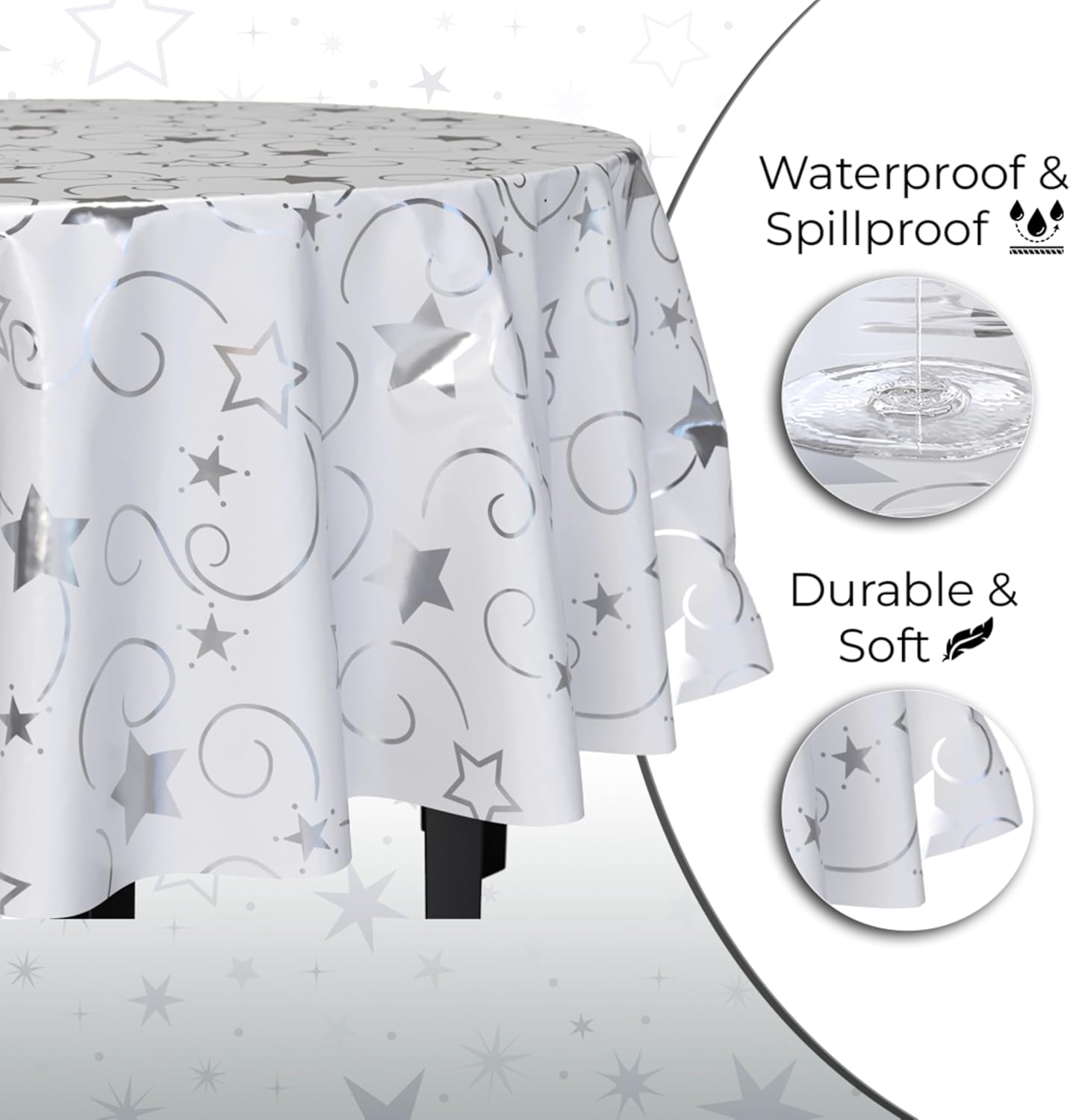 Exquisite Silver Star Tablecloth Plastic 12-Pack Disposable Round Tablecloths 84" Silver Star Table Cloths Round Table Covers Plastic Tablecloth for Party Decorations