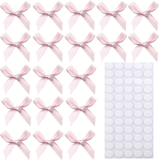 60pcs 1.7" Mini Pink Ribbon Bows Decor – Small DIY Satin Bows for Crafts, Little Bows for Gift Wrapping, Tiny Bow Stickers for Note Card Bow Baby Shower Cake and Candle Decorations