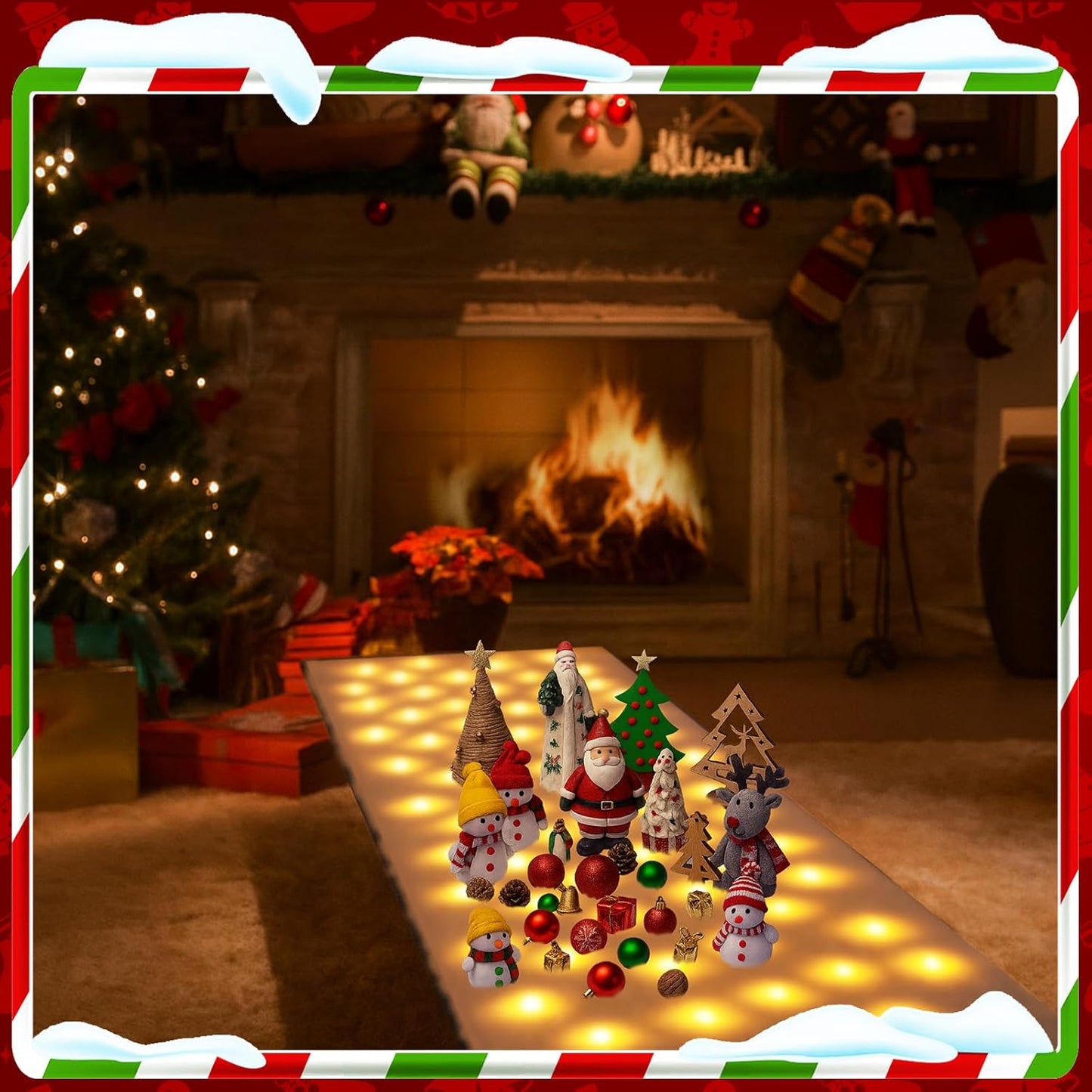 VIHOSE Christmas Snow Blanket with LED Lights String Pre Lit Artificial Fake Snow Blanket Roll Lighted Table Runner for Christmas Tree Village Display Winter Holiday Decor(Warm Light,59'' X 16'')