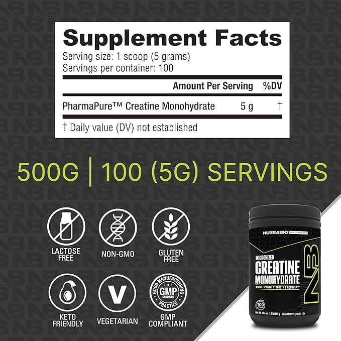 NutraBio Pure Micronized Creatine Monohydrate Powder Supplement, Unflavored, (500 g) - Supports Bulk Muscle Energy, Recovery, and Strength - HPLC Tested Creatine Powder Supplement for Men and Women