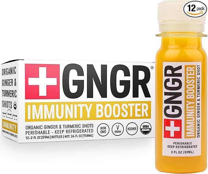 +GNGR Immunity Booster Organic Ginger and Turmeric Shot - Cold Pressed Ginger Shots with Turmeric, Cayenne Pepper, Orange, Lemon for All Natural Immune & Digestive Support (2 Oz, Pack of 12)