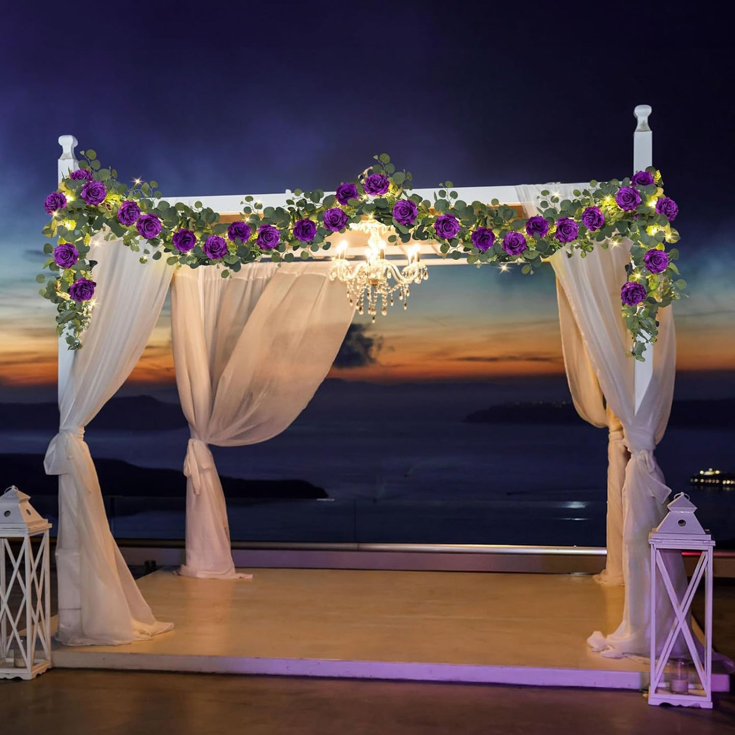 MACTING 4 Pack 26.4FT Eucalyptus Garland with Lights - Spring Gypsophila Flower Garlands with 48 Purple Roses Artificial Floral Greenery Vines for Arch Table Centerpieces Backdrop Party Wedding Decor