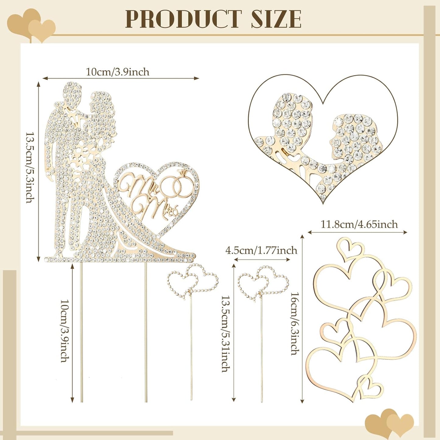 Spiareal 4 Pcs Wedding Cake Topper Mr and Mrs Rhinestone Bride and Groom Love Cake Topper Metal Crystal Heart Shaped Happy Engagement Anniversary Funny Diamond Party Decor for Bridal Shower(Gold)