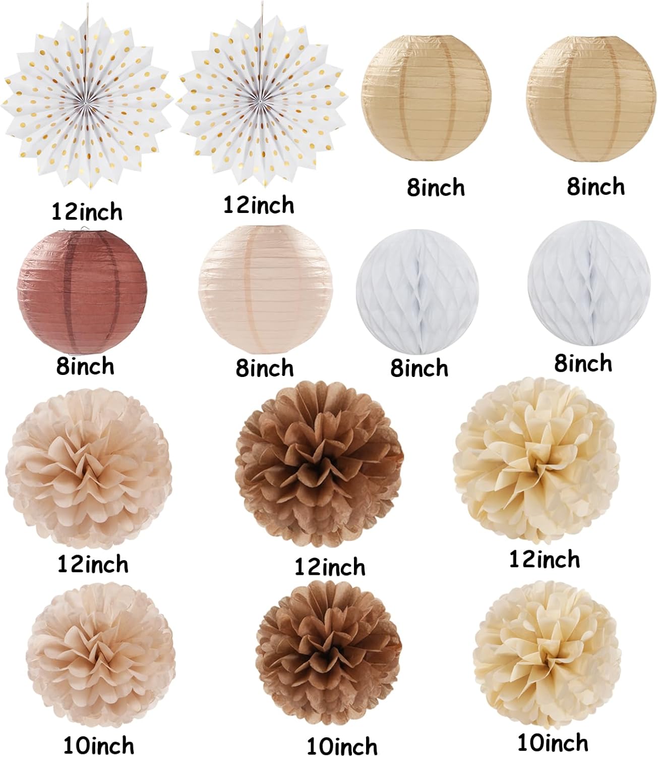 Boho Baby-Shower Party-Decorations Streamers-Lanterns - 14pcs White Brown Champagne Neutral Birthday Wedding Bridal Paper Fan,Tissue Pom Poms,Honeycomb Balls,Engagement Fall Christmas Decor Ouruola