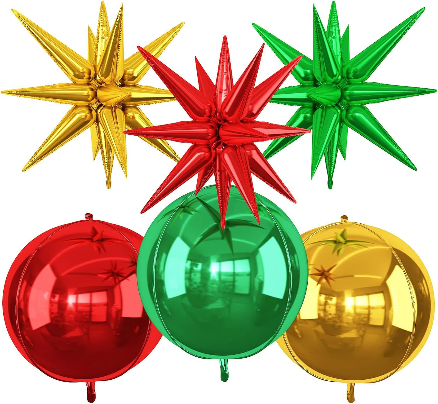 6Pcs Red Green Gold Foil Balloons,22Inch Green Red Gold 4D Round Ball Balloon and Explosion Star Balloon for Christmas Birthday Wedding Baby Shower Anniversary Party Decorations