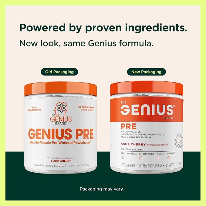 The Genius Brand Genius Pre - Clean Pre-Workout Powder for Energy, Focus & Fitness Support - No Artificial Flavors, Preservatives, or Proprietary Blends - Non-GMO - 20 Servings - Sour Cherry