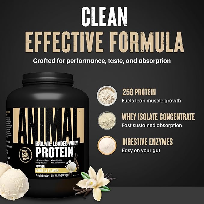Animal Whey Isolate Protein Powder - Loaded for Pre & Post Workout Muscle Builder and Recovery with Digestive Enzymes for Men & Women - 25g Protein, Great Taste, Low Sugar - Vanilla 4 lbs