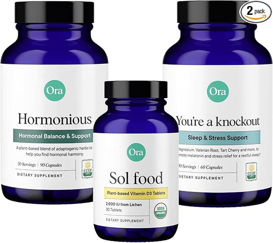 Ora Organic Hormone Balance, Sleep Aid, & Vitamin D Boost Bundle: Support Skin, Mood, Energy + Stress Support Calming Herbal Blend + Vegan Vitamin D, Immune Support