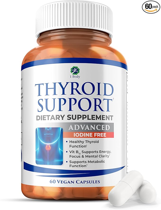1 Body Thyroid Support Supplement, Iodine-Free, Vegan, with L-Tyrosine and Ashwagandha, 60 Capsules