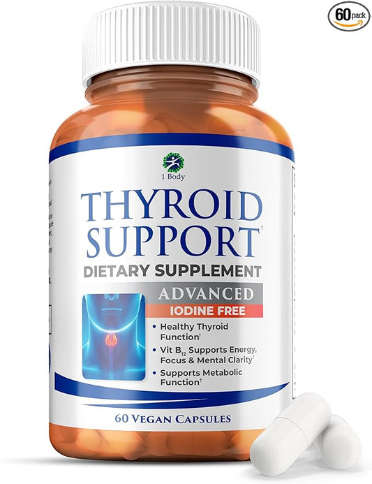 1 Body Thyroid Support Supplement, Iodine-Free, Vegan, with L-Tyrosine and Ashwagandha, 60 Capsules