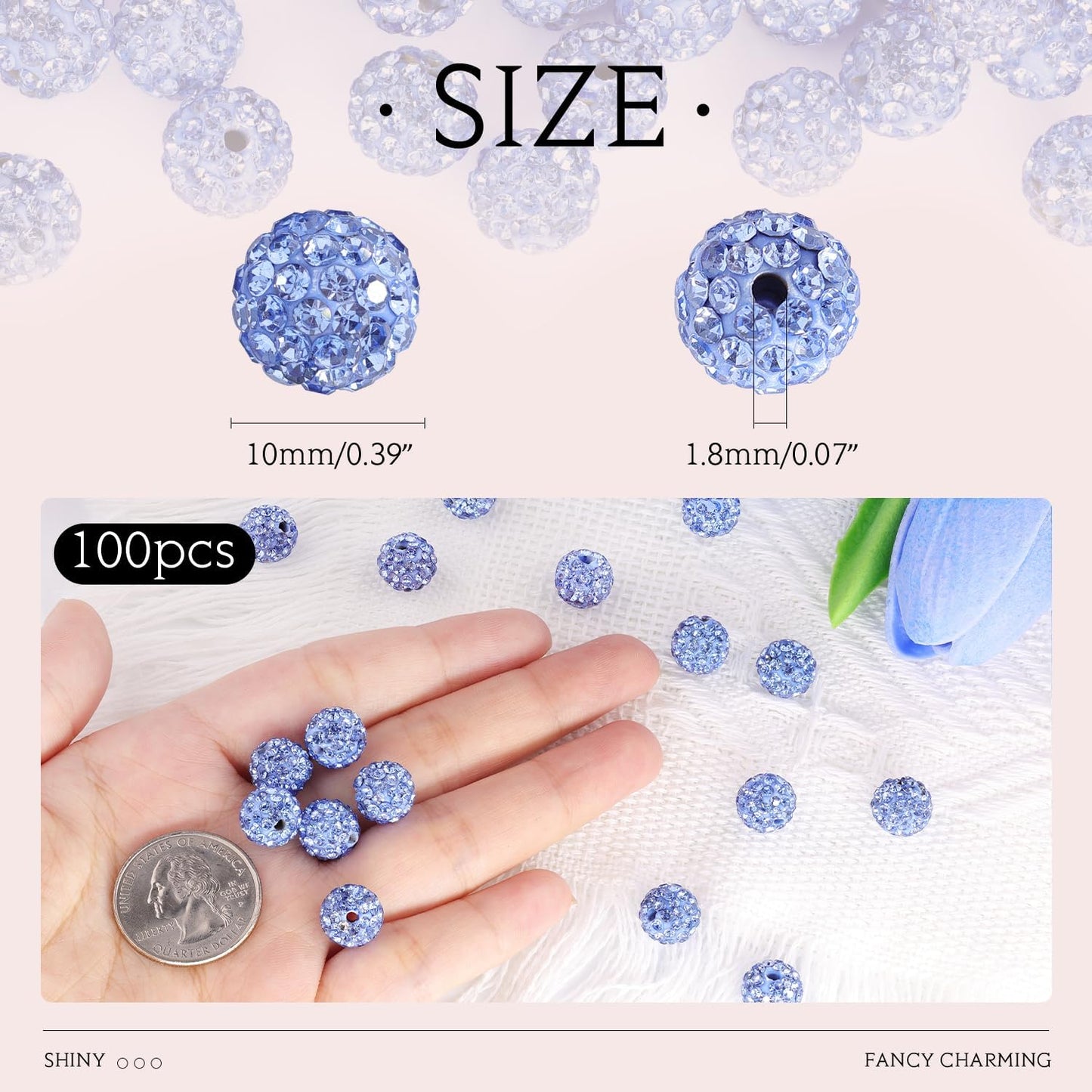 100 pcs 10mm Rhinestone Beads for Jewelry Making, Light Blue Shiny Round Shamballa Disco Beads Bulk, Sparkle Crystal Clay Christmas for Bracelet Baseball Necklace Earring Crafting and DIY