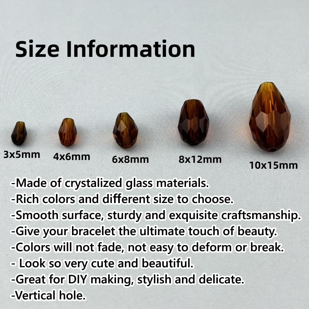 200pcs 3x5mm Teardrop Crystal Glass Beads for Jewelry Making, Faceted Vertical Hole Teardrop Glass Spacer Beads for Wind Chimes Bracelet Earring Necklace DIY Craft(Dark Amber)