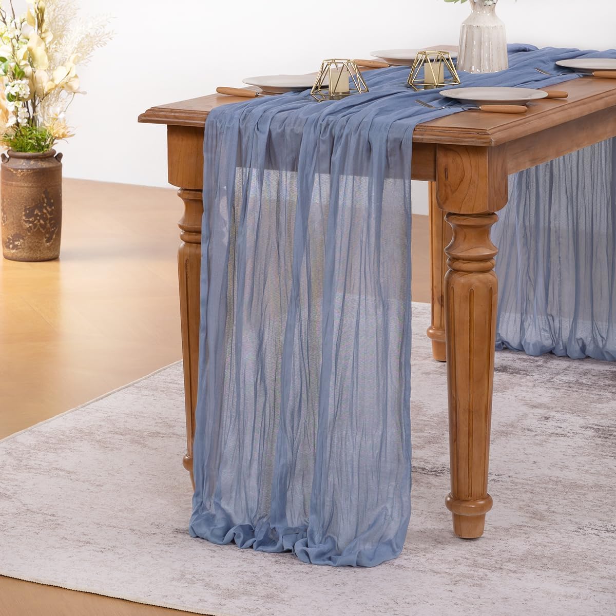 MLMW 6 Pack Dusty Blue Table Runner Cheesecloth Gender Reveal Boho Gauze Rustic Cheese Cloth Table Runner 160 inch Sheer 13.3ft for Wedding Party Baby Bridal Shower Birthday