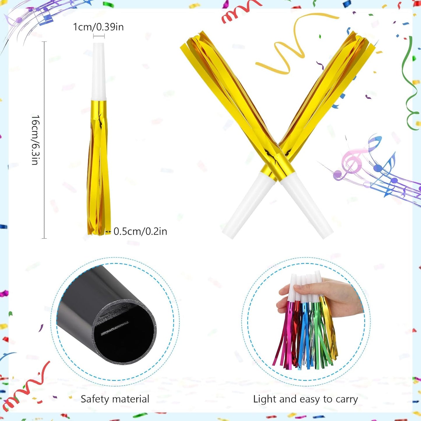 Metallic Fringed Noise Makers, for Noise Makers Party Favors, New Year Party, Baby Shower, Kids Birthday, 24 Pcs, Gold, Silver, Black