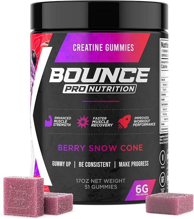 Bounce Pro Creatine Monohydrate Gummies for Men & Women, Low Calorie, 6G of Creatine per Serving, Vegan, Anti-Melting, Gluten-Free, Non-GMO, 2g of Creatine per Gummy (51ct, Berry Snow Cone)