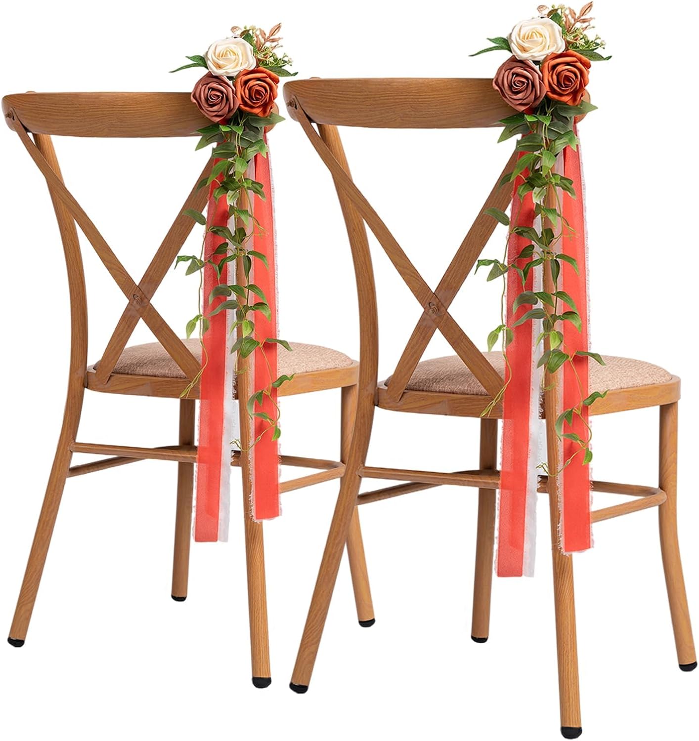 Meldel 10Pcs Wedding Chair Decorations Aisle Flowers Swag Artificial Flower Ivory Orange Garland with Ribbion for Ceremony Reception Church Rose Floral Faux Arrangement Party Outdoor Pew Decor