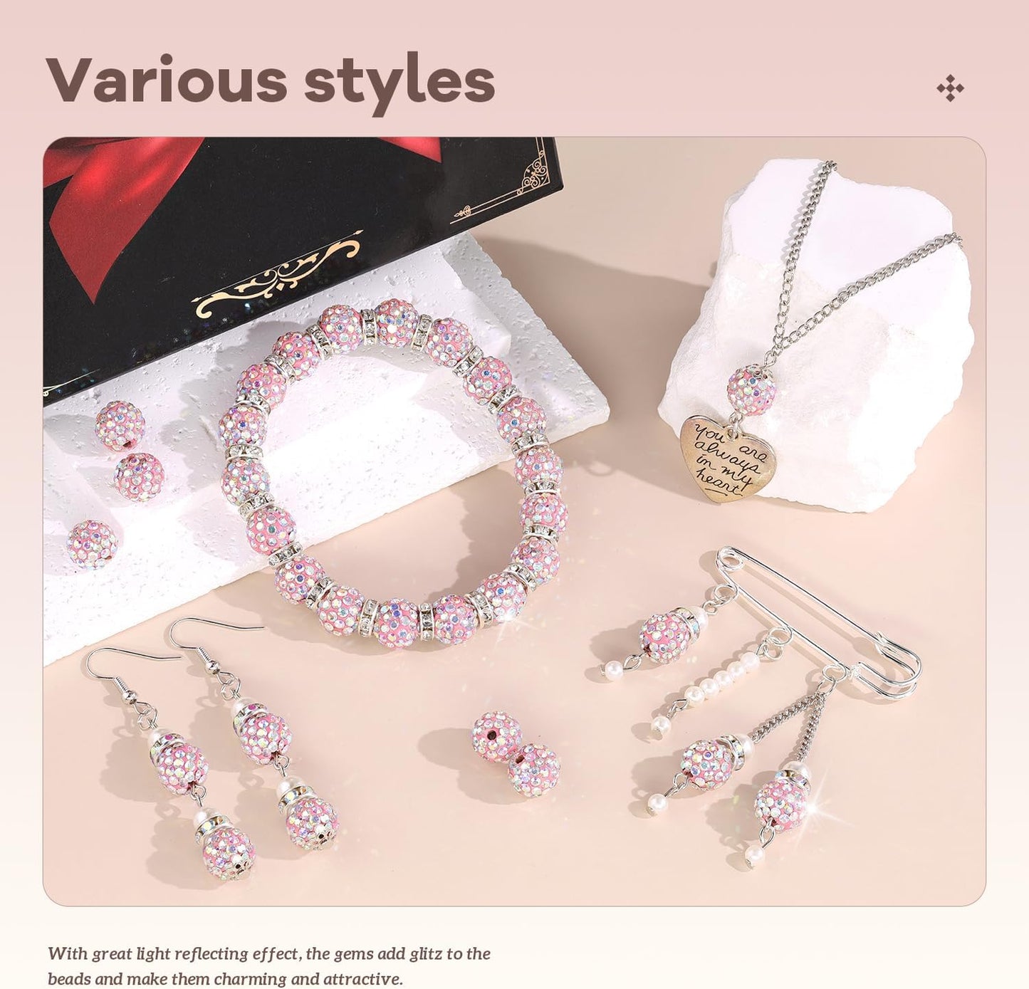 160pcs 10mm Rhinestone Beads for Jewelry Making, Pink AB Shiny Round Disco Ball Beads Bulk, Sparkle Crystal Clay Christmas for Bracelet Baseball Necklace Earring Crafting and DIY