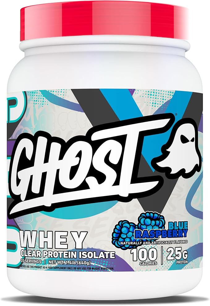 GHOST Clear Whey Isolate Protein Powder, Blue Raspberry - 1.4 LB Tub, 25G of Whey Protein - Post Workout Drink for Muscle Gain & Recovery – Sugar Free, Soy Free & Zero Fat, 20 Servings
