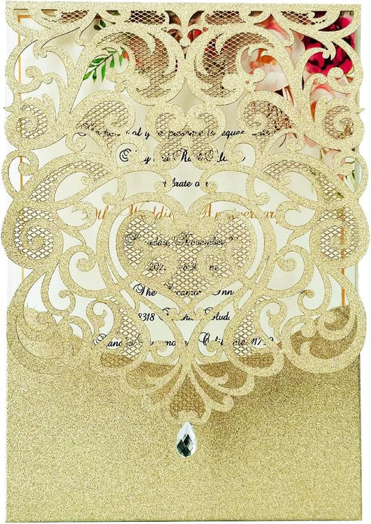 Hosmsua 50PCS Champagne Gold Wedding Invitations Kit 5 x 7.3 Inch Laser Cut Hollow Rose Rhinestone Pocket with Envelope for Wedding Bridal Shower Invite (Champagne Gold Glitter)