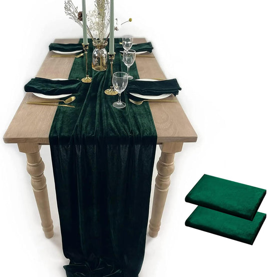 Luxurious Velvet Table Runner, 10ft Wedding Reception Decorations, 20x120inch Soft Velvet Fabric, Table Linen Overlay, Wedding Table Runners (Emerald Green, 20X120inch, 2pack)