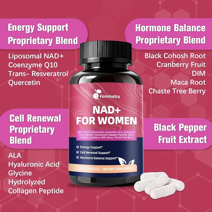 NAD Supplements for Women - NAD Resveratrol Supplement with CoQ10, DIM & Hyaluronic Acid - Liposomal NAD+ Supports Hormone Balance, Mitochondrial Health, Anti-Aging & Cellular Renewal - 120 Capsules