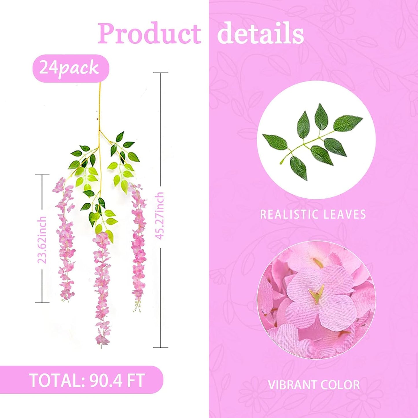24 Pack Pink Wisteria Hanging Flowers Garland, 3.77 Feet Artificial Flower Vines, Fake Wisteria, Artificial Vines Hanging Garland for Backdrop Outdoor Yard Garden Decor