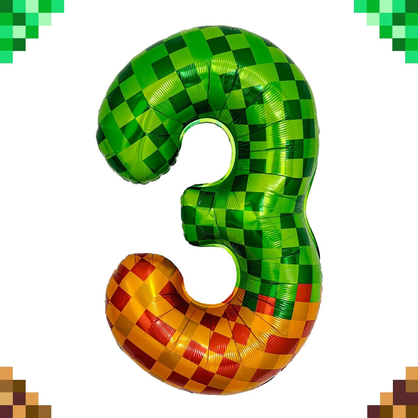 Pixel & TNT Theme 40in Giant Number Balloons - Foil Mylar Birthday Party Decorations for Kids Adults Cumpleaños, Block Style Pixel Art Shape Balloon Decor Supplies (Pixel, Number 3)