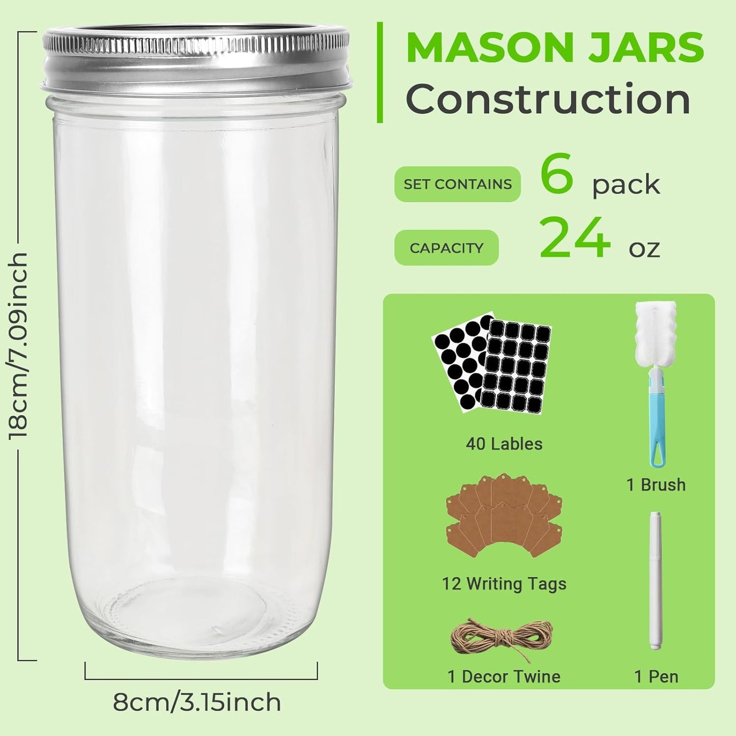 CycleMore 24oz 6 Pack Mason Glass Jars with AirTight Lids and Bands, Wide Mouth Canning Jars for Jelly, Jam, Honey, Wedding Favors, Spices and Herbs